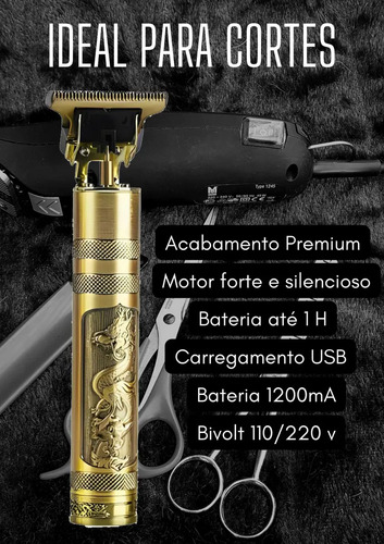 Máquina De Cortar Cabelo E Aparador De Barba Dr. Hank Dragão Dourado Lâmina T Profissional Sem Fio Recarregável Usb, 4 Pentes 1 Ao 4 Mm Motor Potente 6