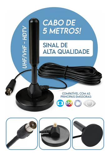 Antena Tv Digital Interna Externa Uhf Vhf Em Alumínio Com Base Magnética Cabo 5m Alta Definição Para Tv E Conversor Sinal Estável Instalação Fácil Sem Mensalidade Davely