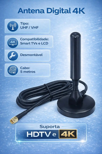 Antena Tv Digital Interna Externa Uhf Vhf Em Alumínio Com Base Magnética Cabo 5m Alta Definição Para Tv E Conversor Sinal Estável Instalação Fácil Sem Mensalidade Davely 3