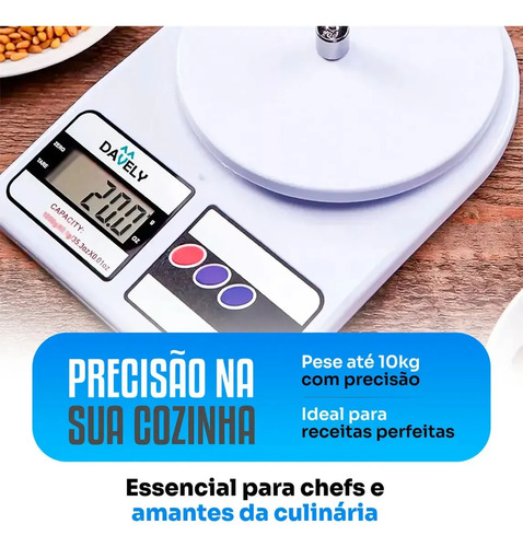 Balança Digital De Precisão 10kg Davely Cook Cozinha Para Uso Domestico E Profissional Fitness Ideal Para Dietas Treinos Alimentos Confeitaria Nutrição Branco 3