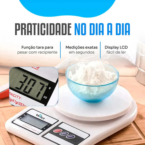 Balança Digital De Precisão 10kg Davely Cook Cozinha Para Uso Domestico E Profissional Fitness Ideal Para Dietas Treinos Alimentos Confeitaria Nutrição Branco 4