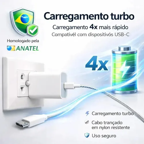 Carregador Turbo 55w USB-C Com Cabo Tipo C 1 Metro Fonte Bivolt 110v/220v, Carregamento Rápido Fast Charge, Ideal Para Celular Android, Compatível Com iPhone Samsung Motorola Xiaomi LG — foto 3