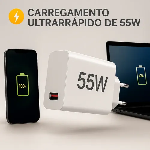 Carregador Turbo 55w USB-C Com Cabo Tipo C 1 Metro Fonte Bivolt 110v/220v, Carregamento Rápido Fast Charge, Ideal Para Celular Android, Compatível Com iPhone Samsung Motorola Xiaomi LG — foto 7