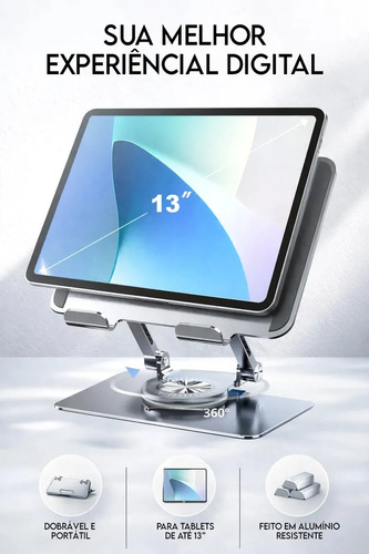 Suporte Dobrável de Alumínio para Tablet Rotação 360° Ajustável Altura Inclinação Base Antiderrapante Compatível com Dispositivos 10 a 17 Polegadas Portátil para Mesa Escritório e Casa 2