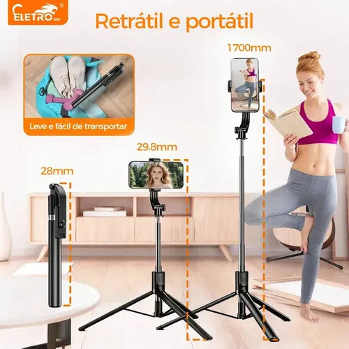 Bastão Tripé Pau Selfie Bluetooth 170cm, Controle, Tripé Bastão De Selfie Extensível, Eletro Mex 4